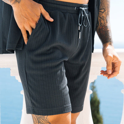 Dexter Granger | Charcoal Ribbed Camp Collar Shirt Set For Men