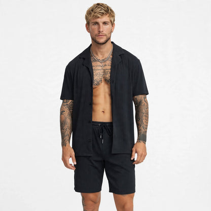 Dexter Granger | Charcoal Ribbed Camp Collar Shirt Set For Men