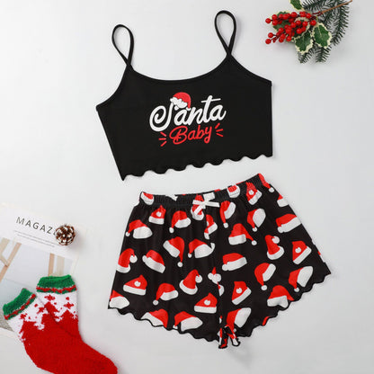Mistletoe Kiss | Black Santa Baby Print Christmas Pyjamas For Women