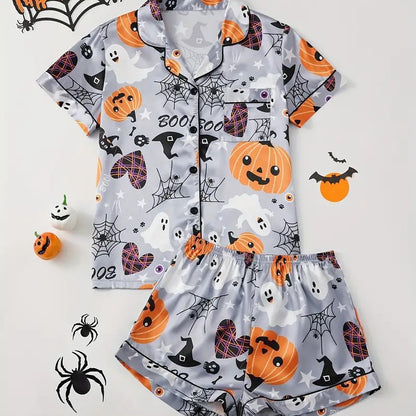 Eloise Marchmont | Ghost Pumpkin Print Satin Pyjama Set For Women
