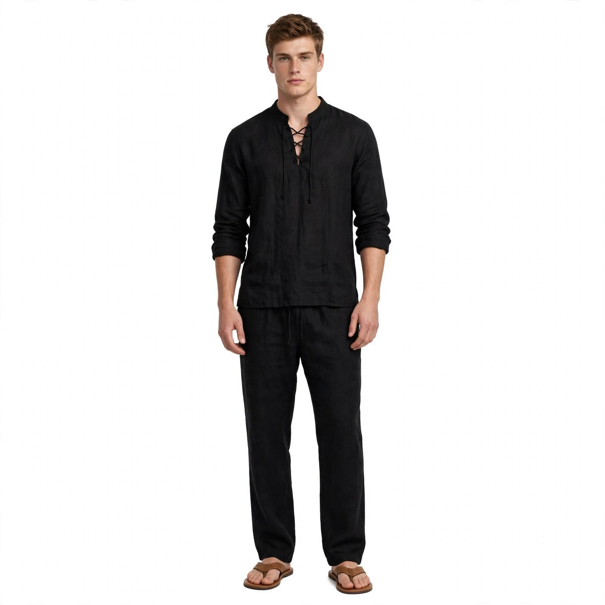 Callum Stewart | Linen Look Lace-Up Two-Piece Set For Men