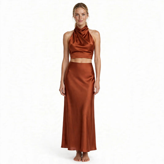 Harriet Bellcourt | Rust Satin Halter Top And Maxi Skirt Set For Women