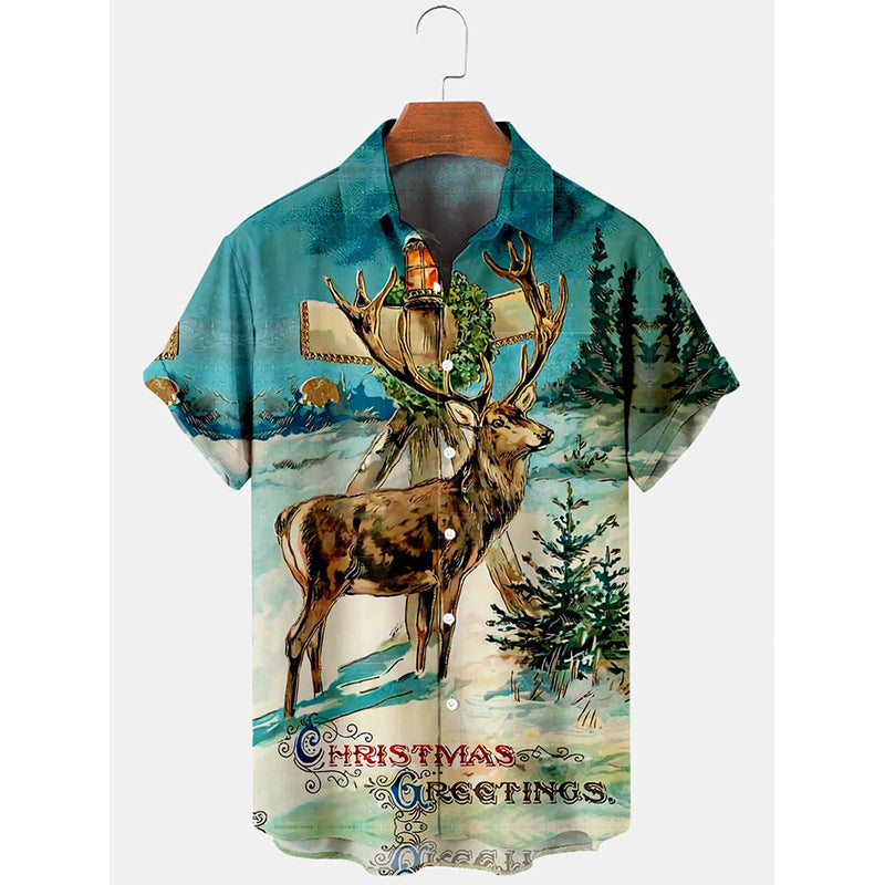 Fireside Glow | Navy Santa Print Christmas Shirt For Men