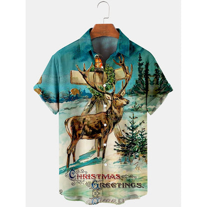 Fireside Glow | Navy Santa Print Christmas Shirt For Men