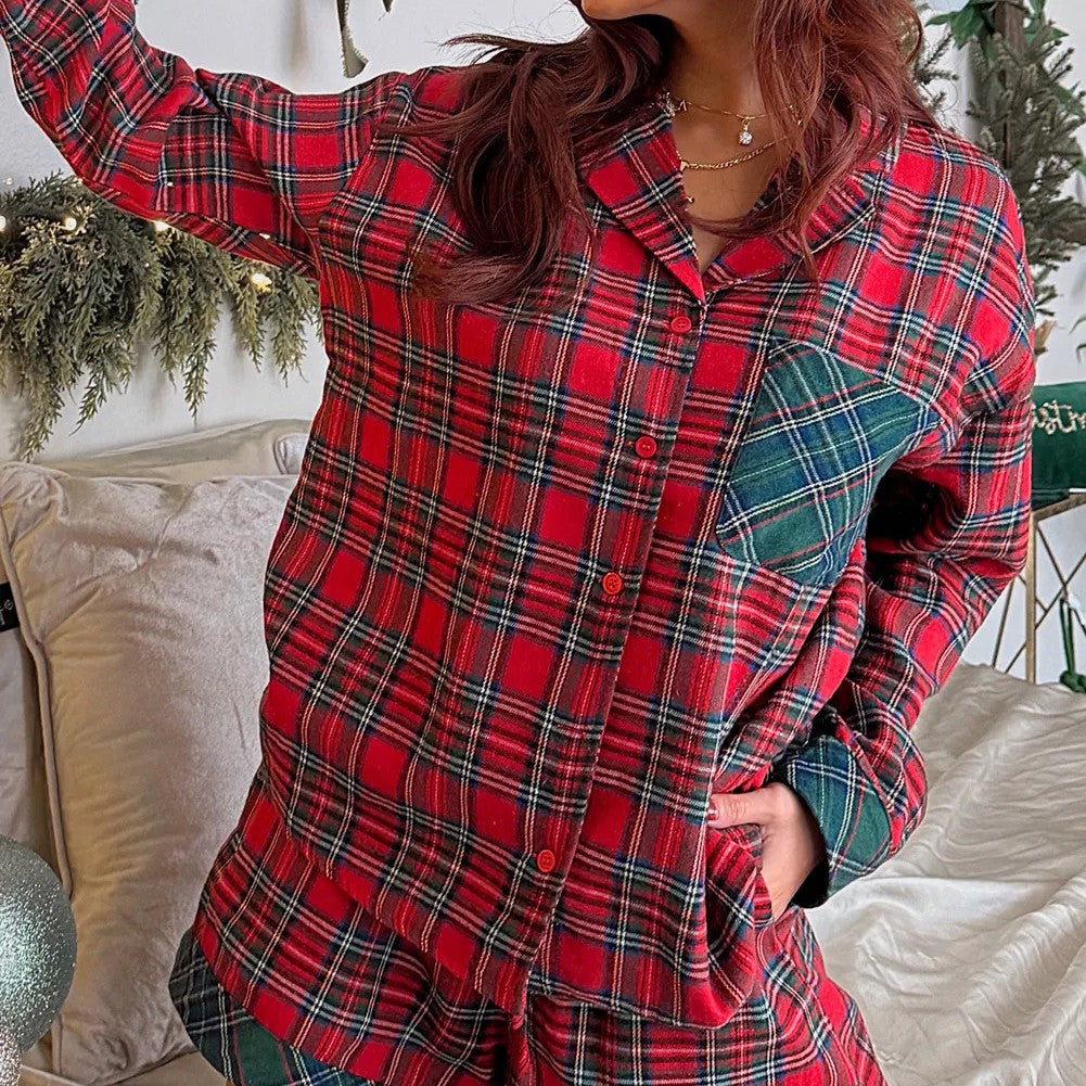 Ember Glow | Tartan Contrast Pocket Christmas Pyjamas For Women