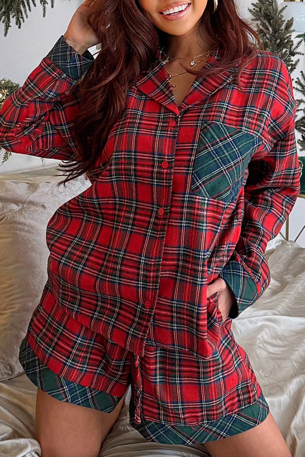 Ember Glow | Tartan Contrast Pocket Christmas Pyjamas For Women