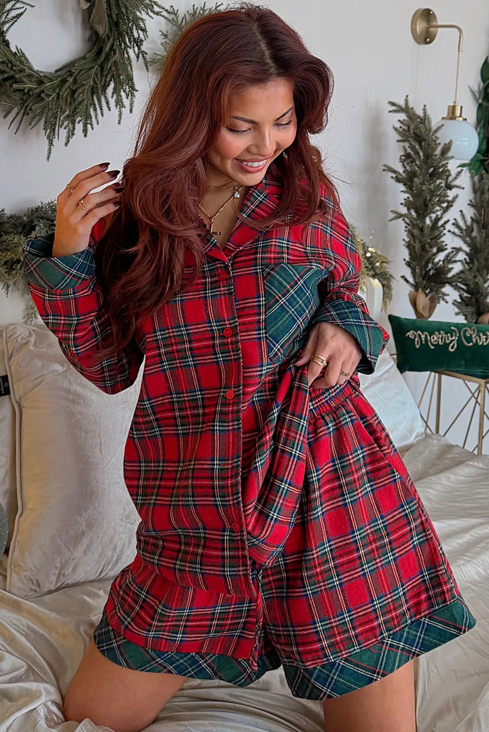Ember Glow | Tartan Contrast Pocket Christmas Pyjamas For Women