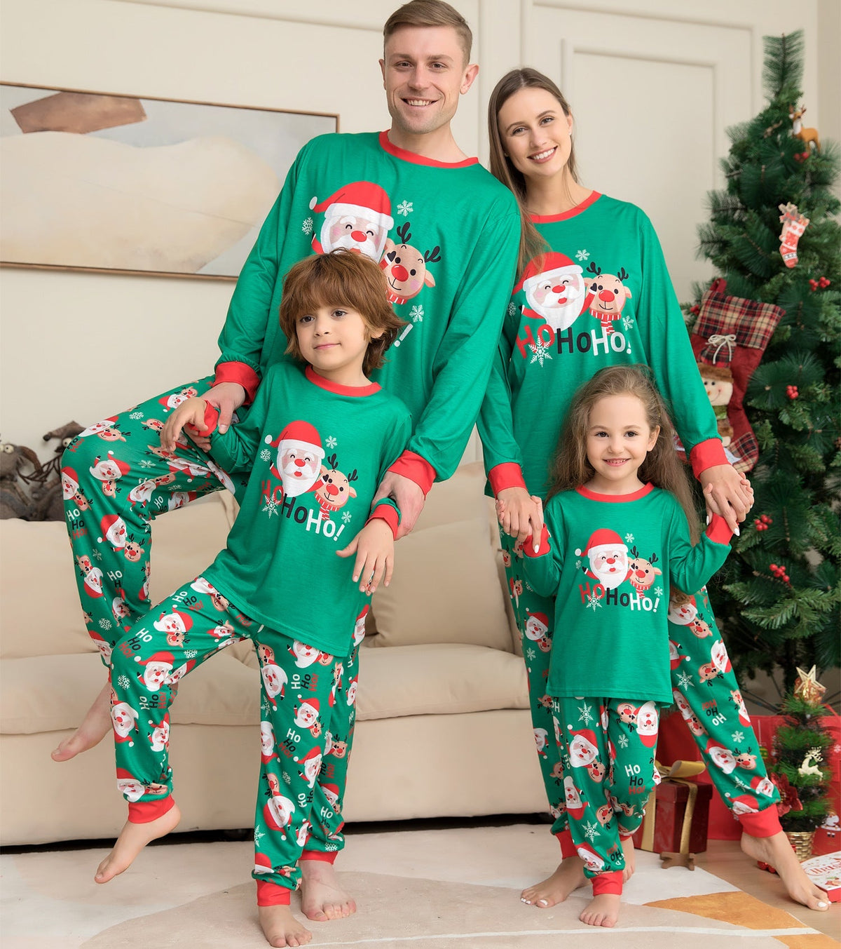 Evergreen | Green Santa Print Christmas Pyjamas Unisex & Family