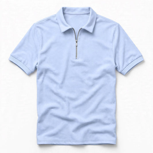 Finn Dalton | Light Blue Zip Neck Polo Shirt For Men