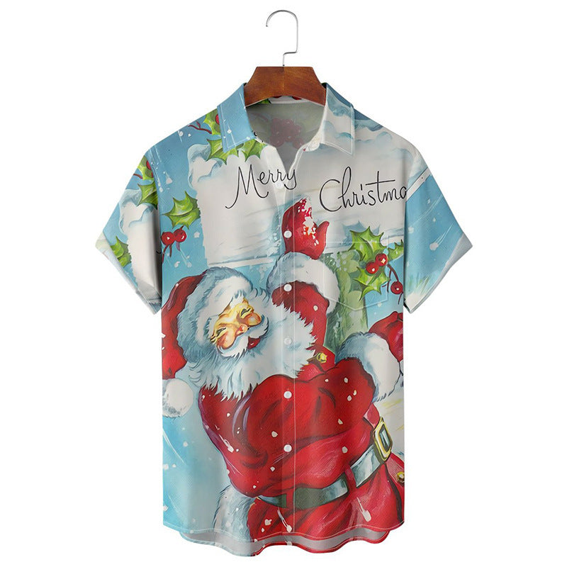 Fireside Glow | Navy Santa Print Christmas Shirt For Men