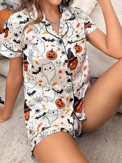 Eloise Marchmont | Ghost Pumpkin Print Satin Pyjama Set For Women
