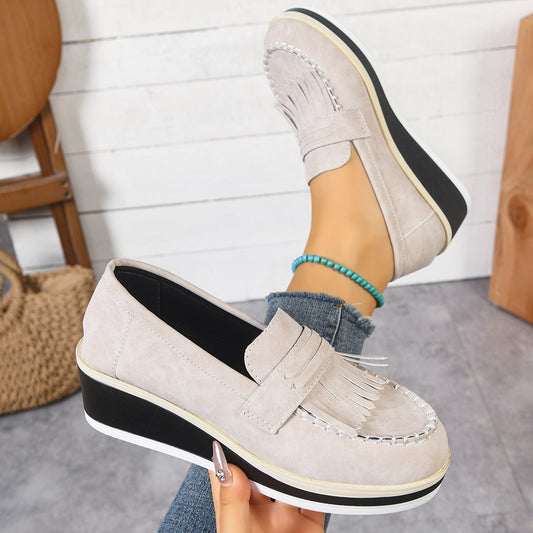 Frida Glenmore | Navy Fringe Loafers On A Wedge Sole For Women