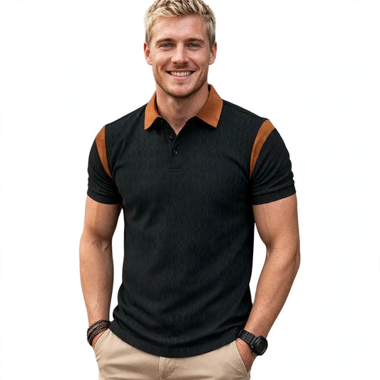 Dominic Fitzgerald | Black Polo Shirt With Tan Contrast Panels For Men