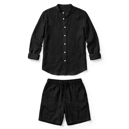 Garret Ives | Beige Linen Look Mandarin Collar Shirt And Shorts Set For Men