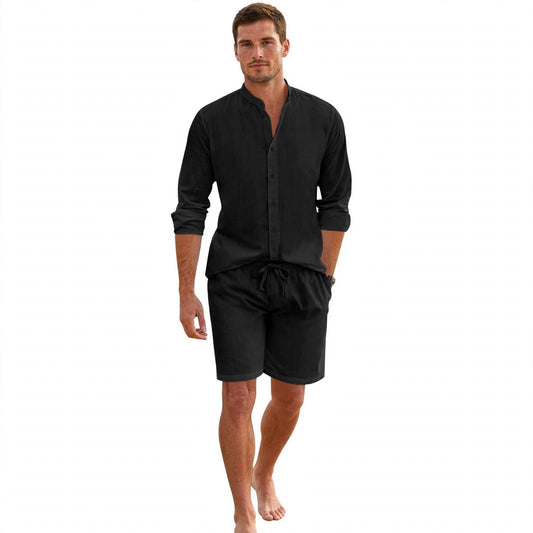 Garret Ives | Beige Linen Look Mandarin Collar Shirt And Shorts Set For Men