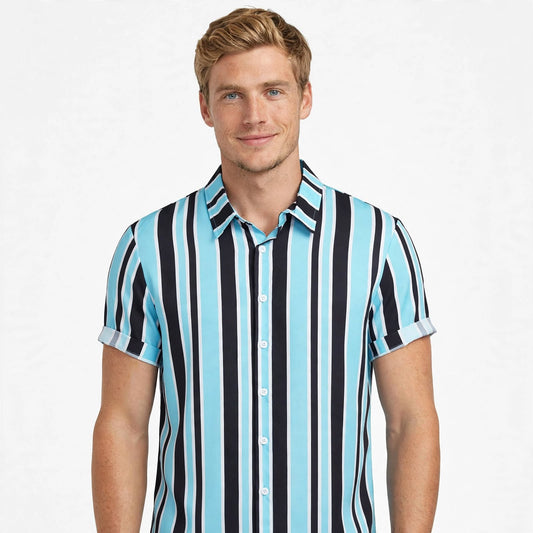 Horace Underhill | Light Blue Striped Camp Collar Shirt For Men