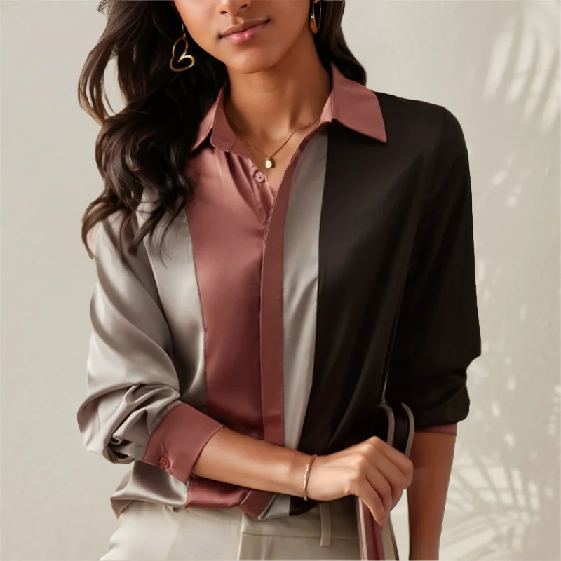 Clara Whitmore | Satin Patchwork Stripe Blouse For Women