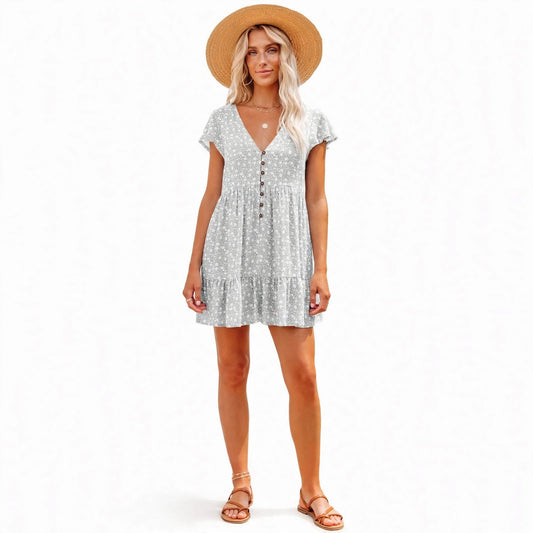 Heidi Inglewood | Grey Polka Dot Button Front Mini Dress For Women