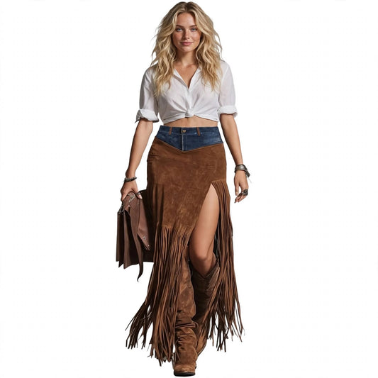 Tabitha Penhale | Brown Suede Fringe Maxi Skirt For Women