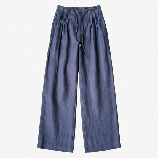 Maren Kelbrook | Navy Pintuck Wide Leg Linen Look Trousers For Women
