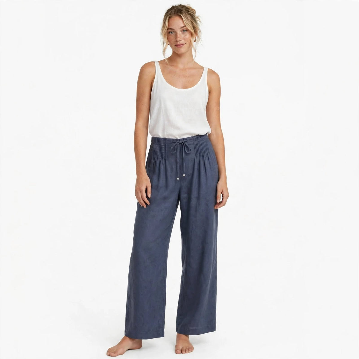 Maren Kelbrook | Navy Pintuck Wide Leg Linen Look Trousers For Women