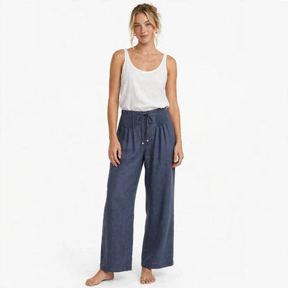 Maren Kelbrook | Navy Pintuck Wide Leg Linen Look Trousers For Women