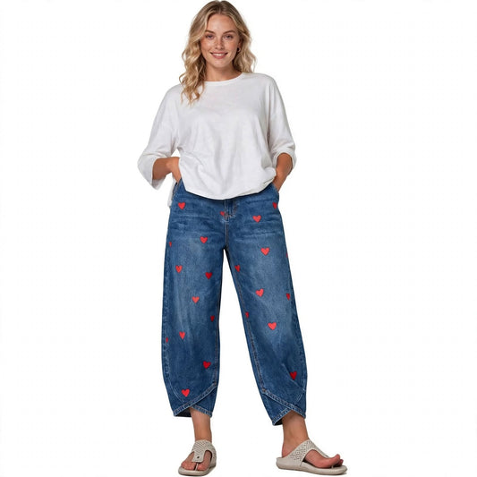 Imelda Garrow | Heart Embroidered Barrel Leg Jeans For Women