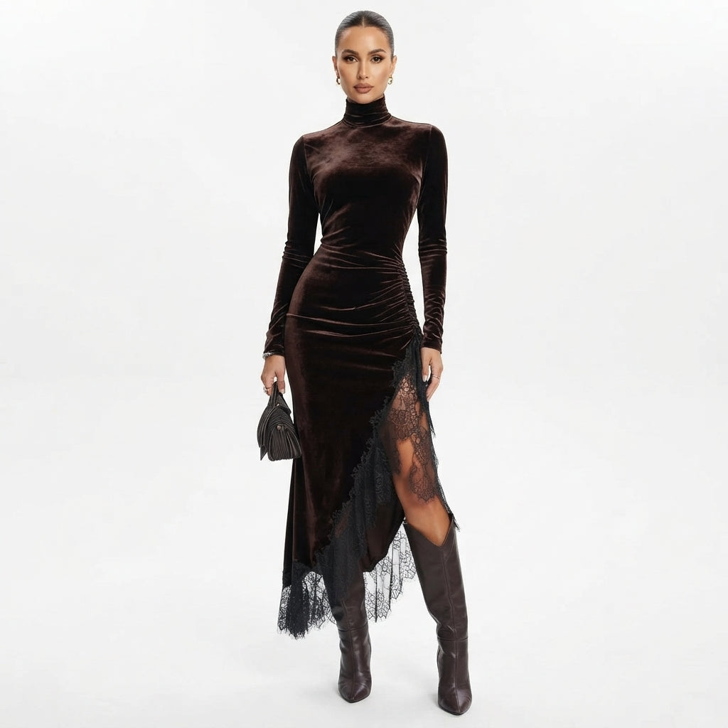 Jade King | Velvet Maxi Dress With Lace Trim For Women