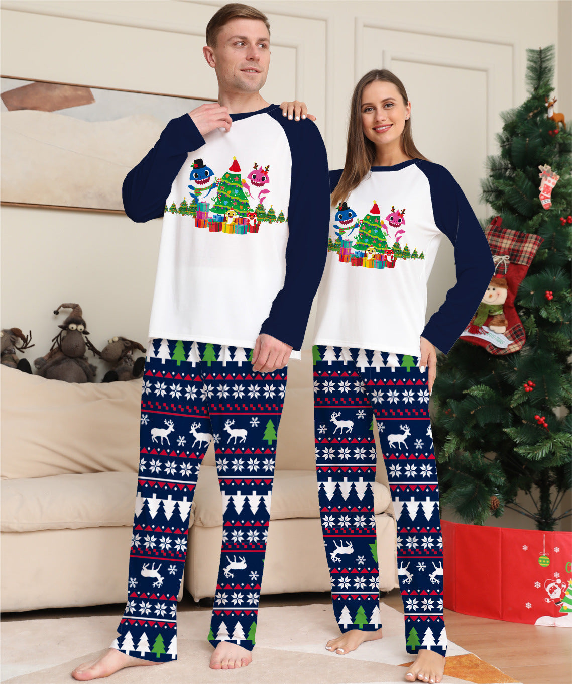Jolly Tide | Navy Shark Tree Print Christmas Pyjamas Unisex & Family