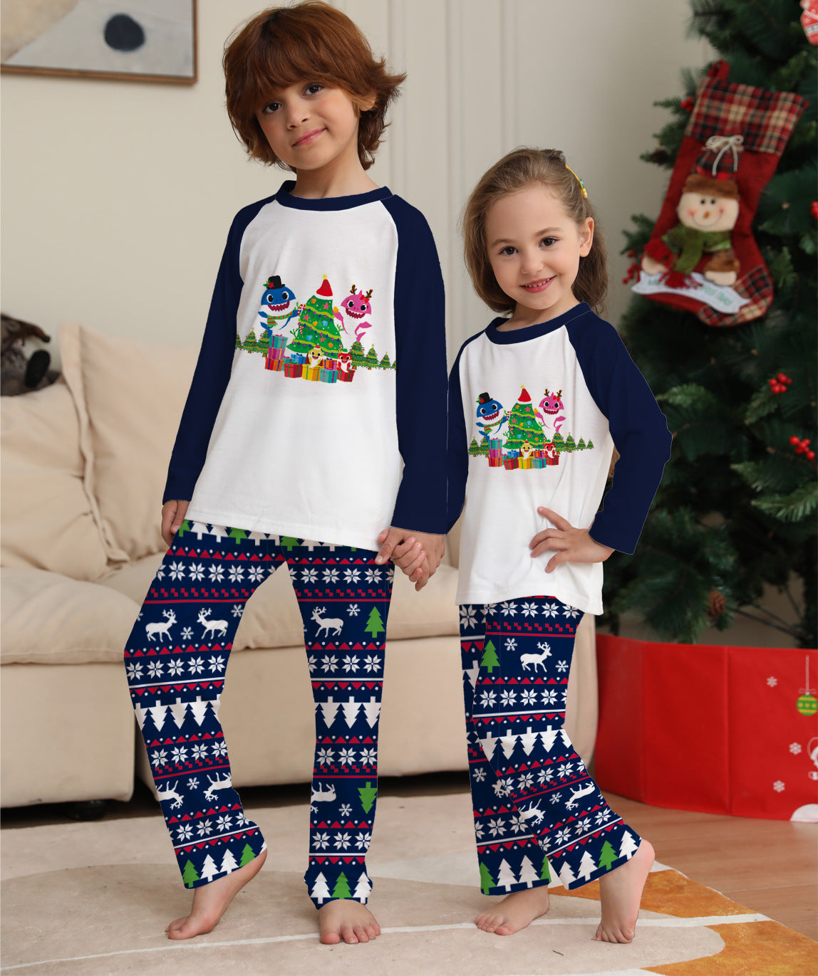 Jolly Tide | Navy Shark Tree Print Christmas Pyjamas Unisex & Family