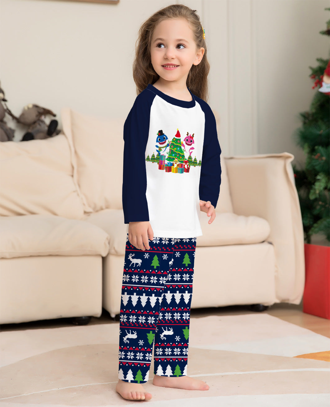Jolly Tide | Navy Shark Tree Print Christmas Pyjamas Unisex & Family