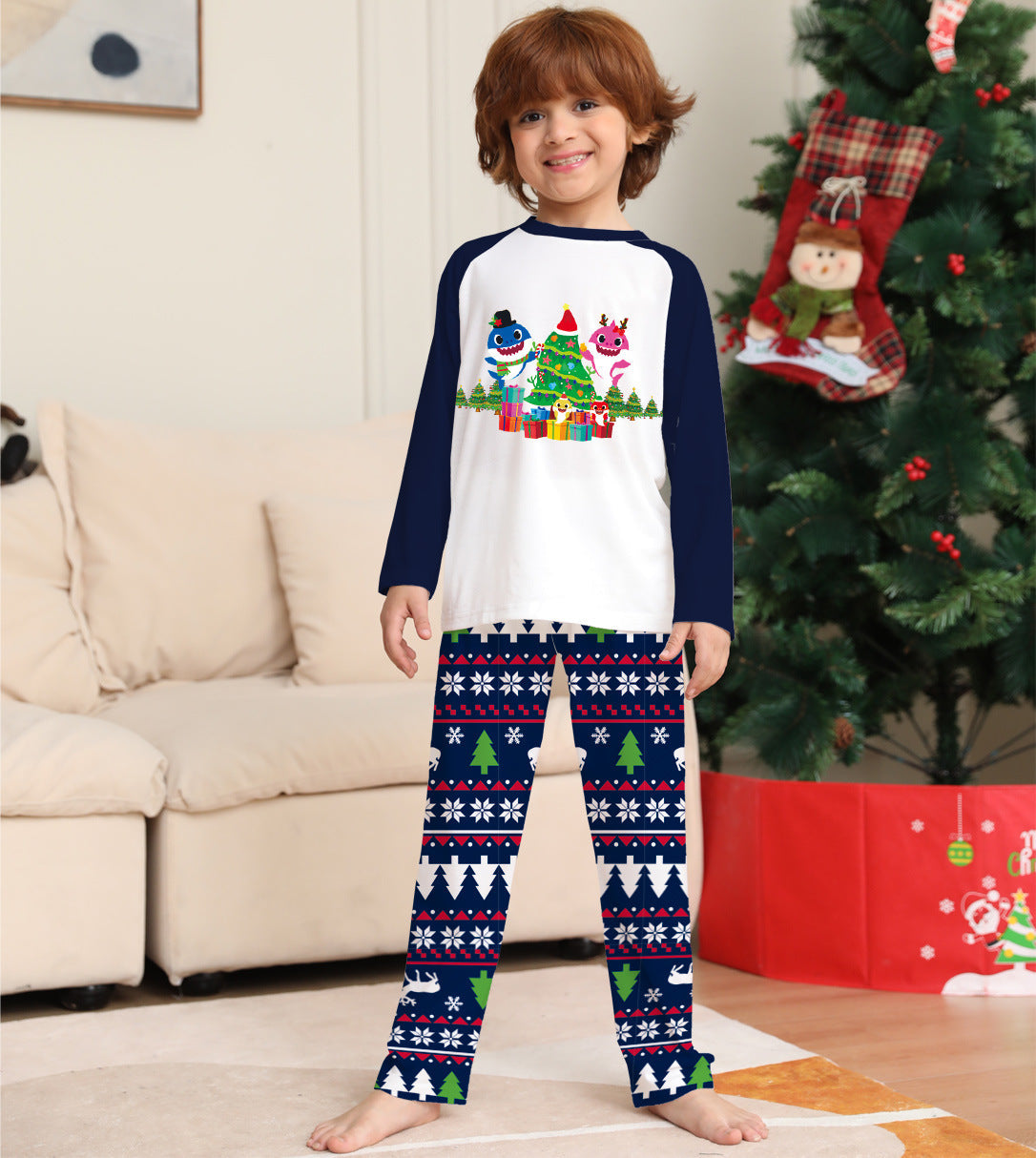 Jolly Tide | Navy Shark Tree Print Christmas Pyjamas Unisex & Family