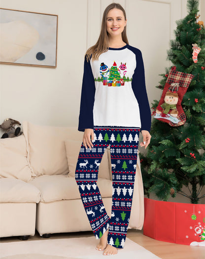 Jolly Tide | Navy Shark Tree Print Christmas Pyjamas Unisex & Family