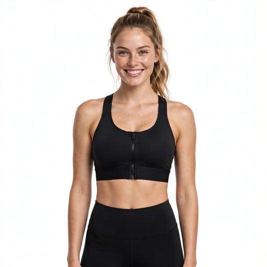 Lacey Oakfield | Black Zip Front Sports Bra For Women