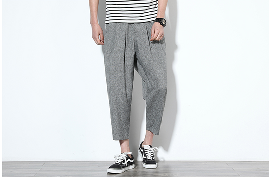 Leland Ryecroft | Black Cropped Linen Look Harem Trousers For Men