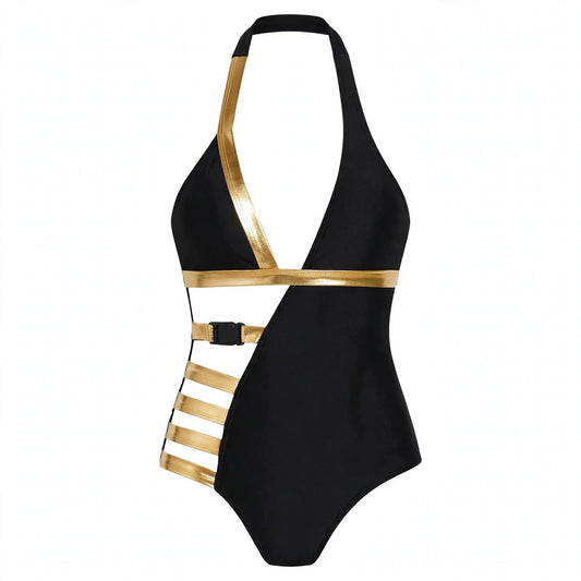 Mabli Kelburn | Black And Gold Strappy Swimsuit For Women