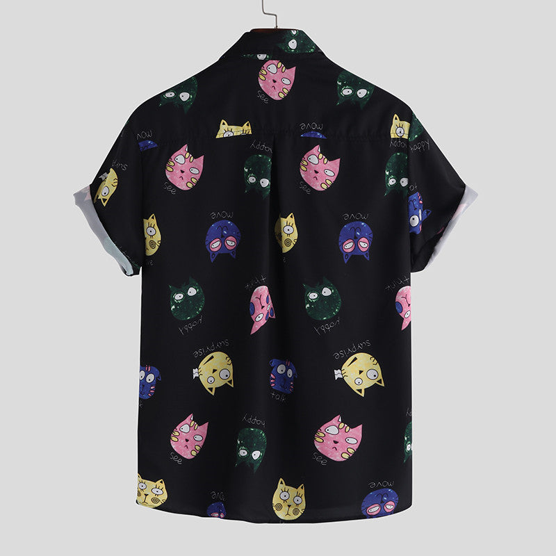 Magnus Brixham | Cat Print Short Sleeve Shirt For Men