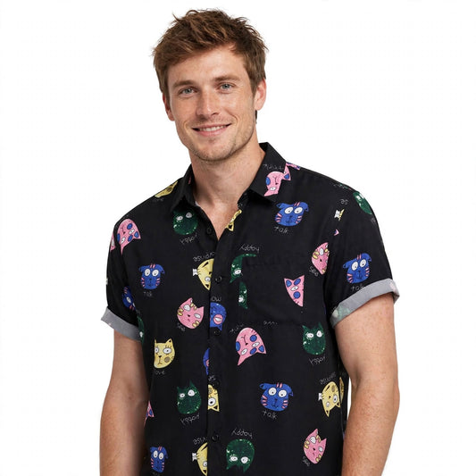 Magnus Brixham | Cat Print Short Sleeve Shirt For Men