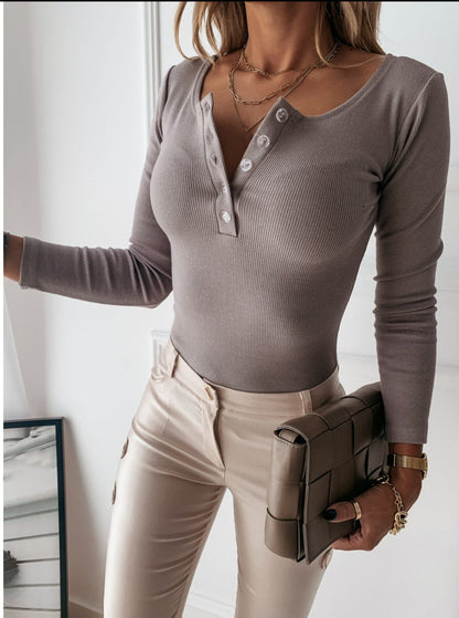 Marlie Rushbrook | Ribbed Henley Long Sleeve Top For Women