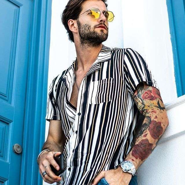 Neville Cadogan | Black Striped Camp Collar Shirt For Men