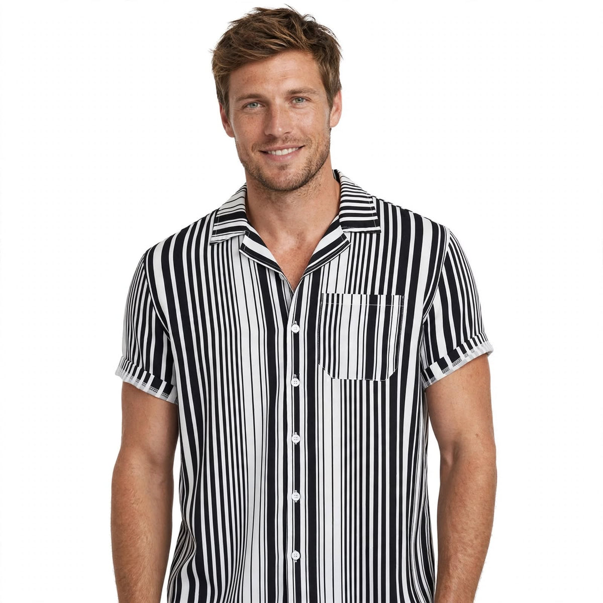 Neville Cadogan | Black Striped Camp Collar Shirt For Men
