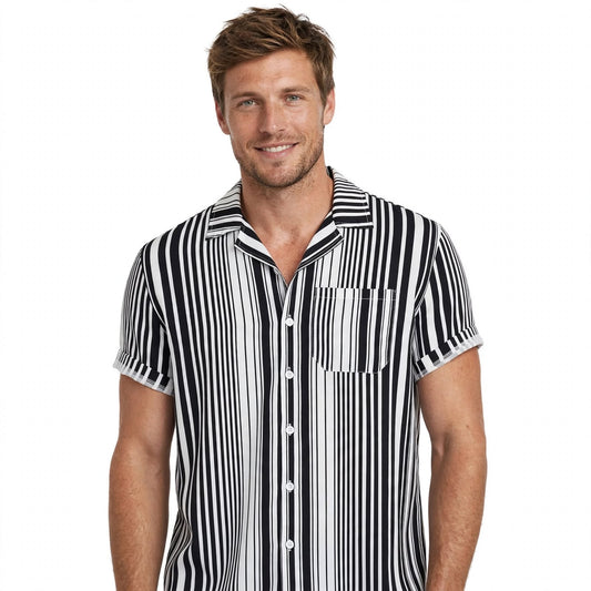 Neville Cadogan | Black Striped Camp Collar Shirt For Men