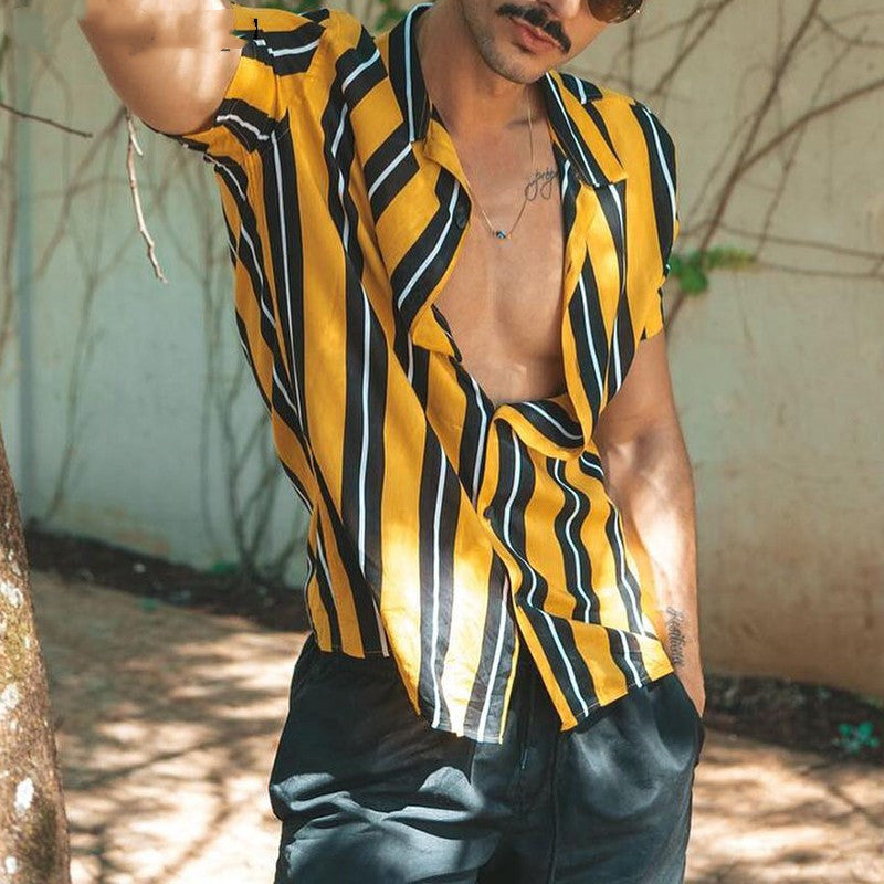 Otto Fairbairn | Yellow Striped Camp Collar Shirt For Men