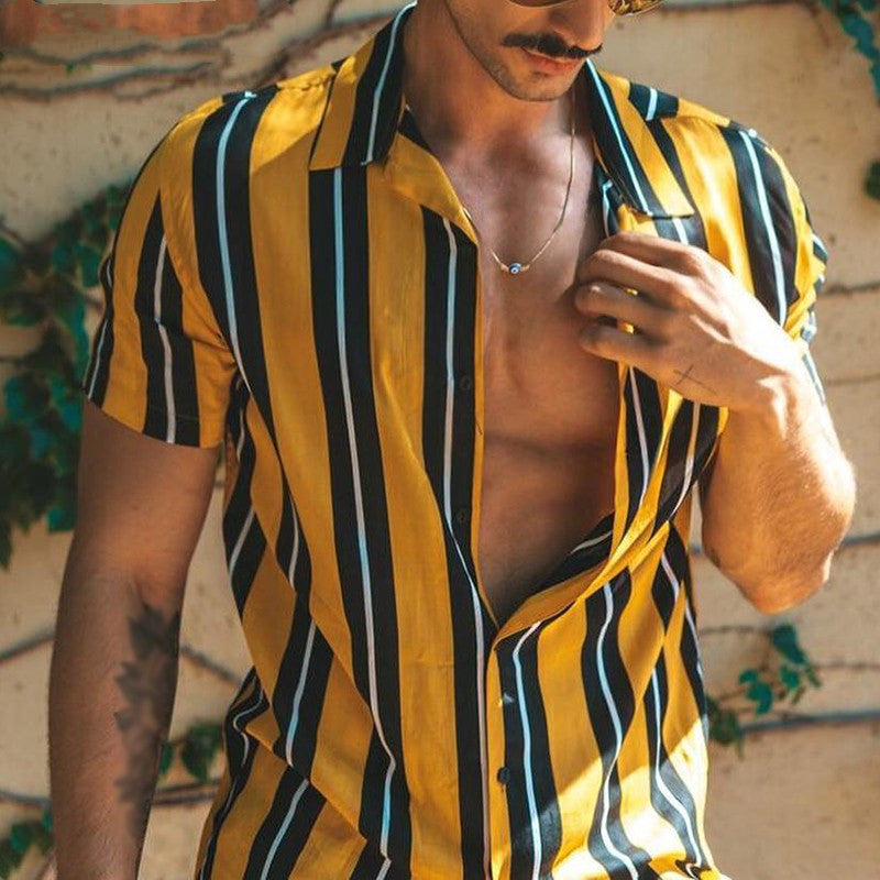 Otto Fairbairn | Yellow Striped Camp Collar Shirt For Men