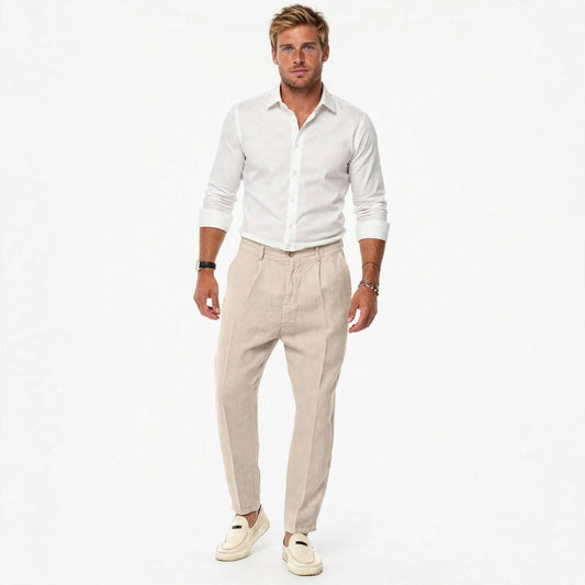 Piers Alderley | Oatmeal Pleated Linen Look Trousers For Men