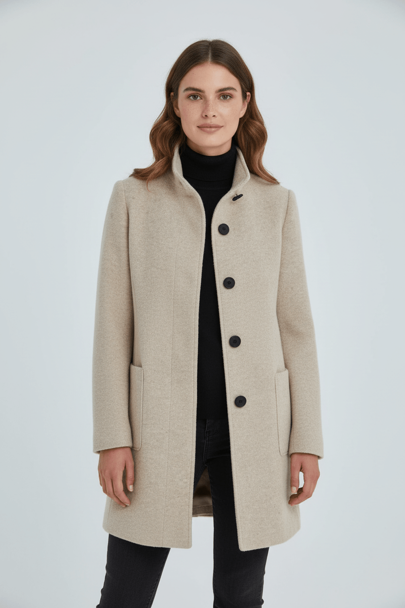 Raine Vermore | Textured Stand Collar Button Coat For Women