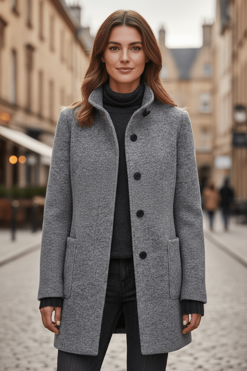 Raine Vermore | Textured Stand Collar Button Coat For Women