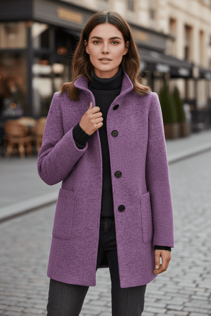 Raine Vermore | Textured Stand Collar Button Coat For Women