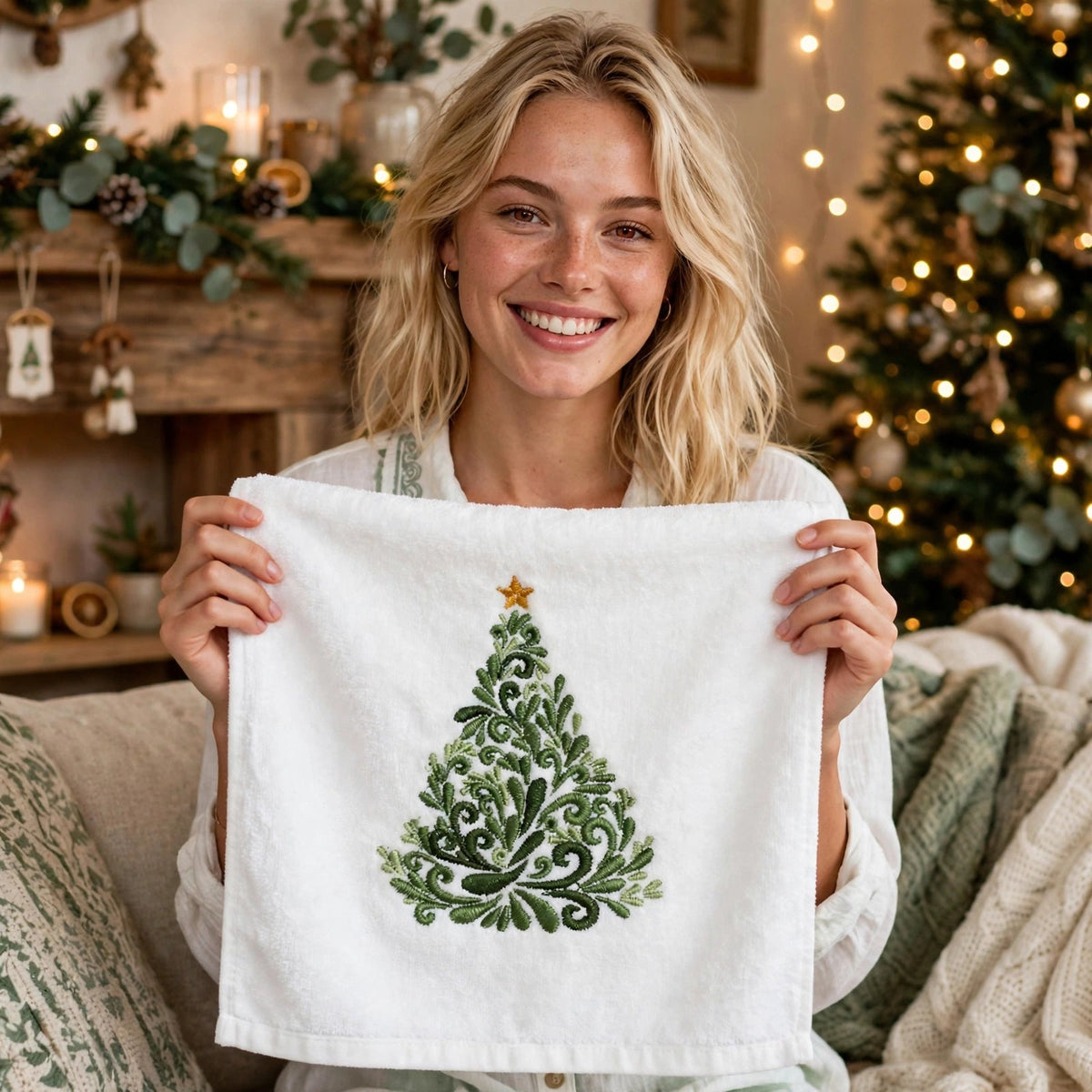 Ribbon Glow | White Embroidered Christmas Tea Towel Unisex