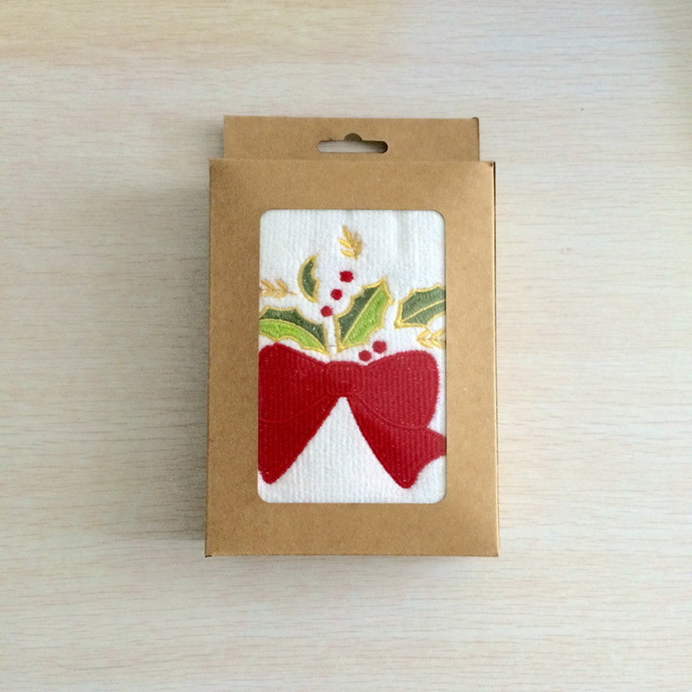 Ribbon Glow | White Embroidered Christmas Tea Towel Unisex